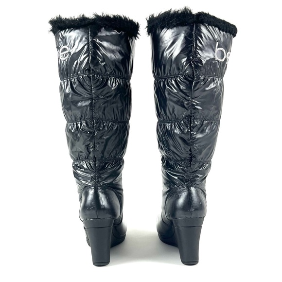 Bebe Rafa Tall Black Fur Trim Logo Puffer Wedge Boot - Picture 6 of 9